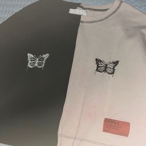 B/W CHNGE BUTTERFLY EMBROIDERED CROP TOP (pink dye stains)